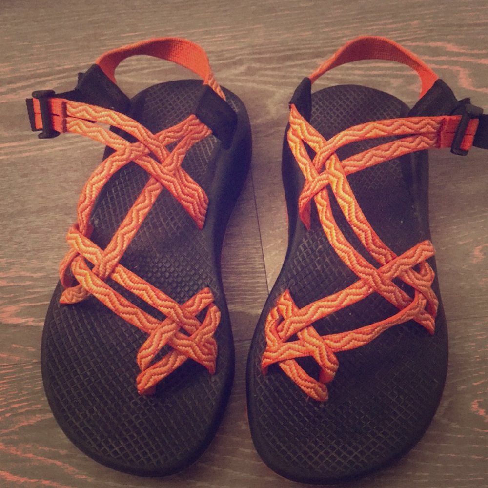 Orange and pink chacos size 9